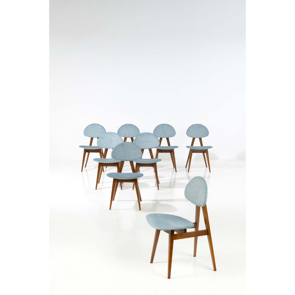 Model S12; Set of eight chairs by Ettore Sottsass