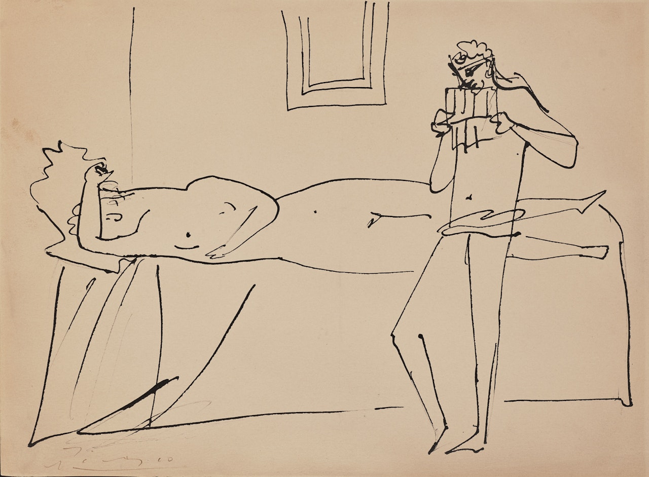 Femme nue allongée et homme jouant de la flûte de Pan by Pablo Picasso