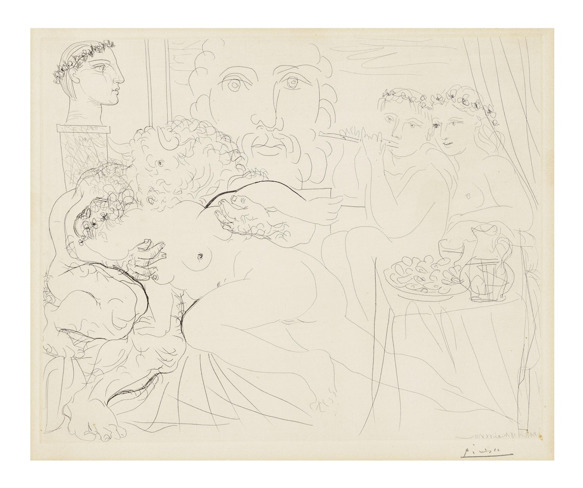 Peintre couronné, sculpteur en buste et minotaure amoureux, La suite Vollard (Bloch 191; Baer 350) by Pablo Picasso