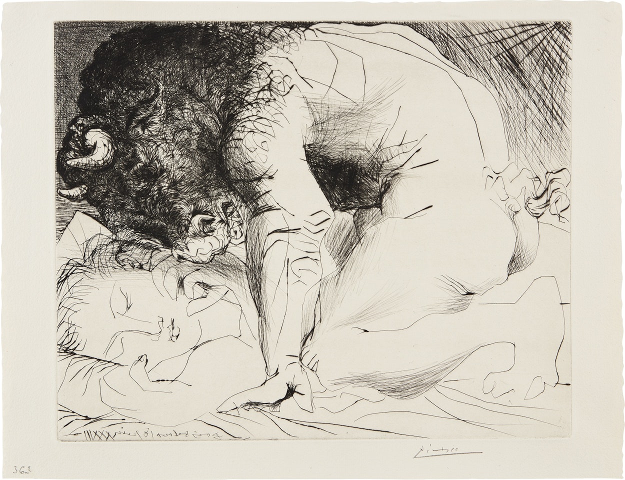 Minotaure caressant une dormeuse (Minotaur Caressing a Sleeping Woman), plate 93 from La Suite Vollard (Bl. 201, Ba. 369) by Pablo Picasso