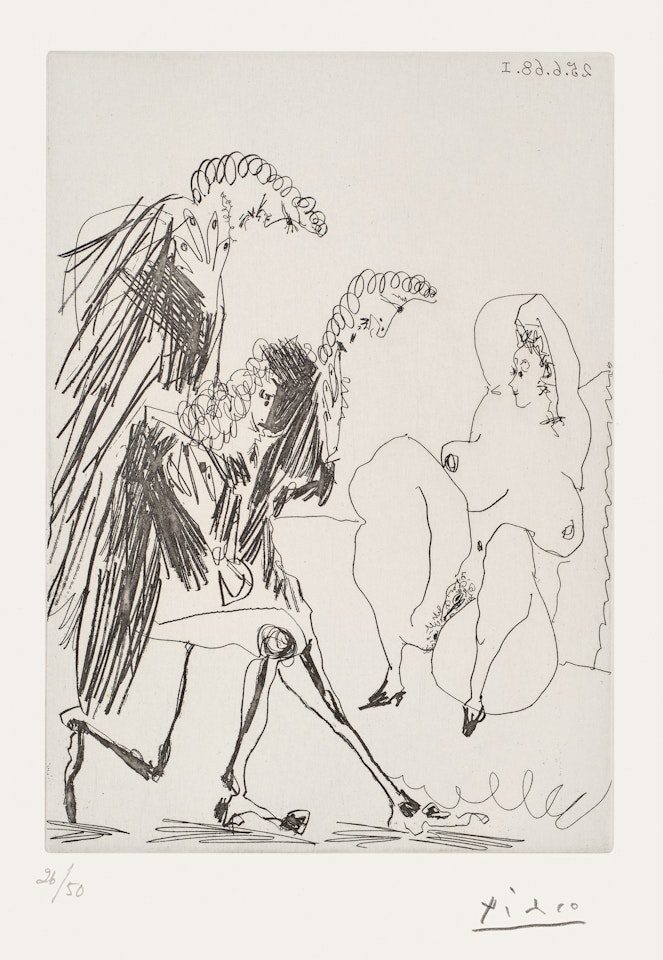 Grosse courtisane saluée par trois gentilshommes linéaires (Fat Courtesan Greeted by Three Linear Gentlemen), plate 183 from Series 347 (Bl. 1663, Ba. 1679) by Pablo Picasso