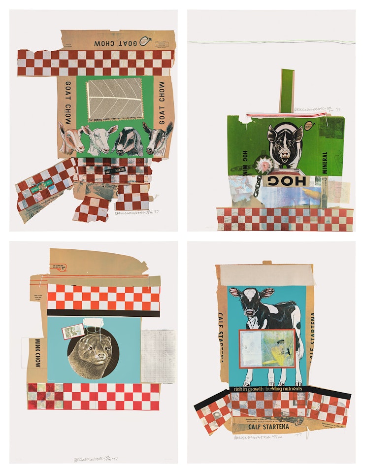 Goat Chow; Hog Chow; Mink Chow; and Calf Sartena, from Chow Bags by Robert Rauschenberg