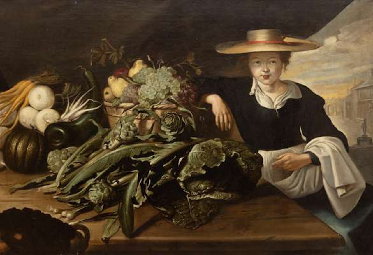 A lady selling artichokes, cole, turnips, carrots and a basket of fruit by Flemish School