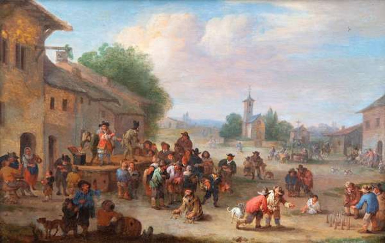 A joyous village scene with a quack selling his goods and children playing by Pieter Bout