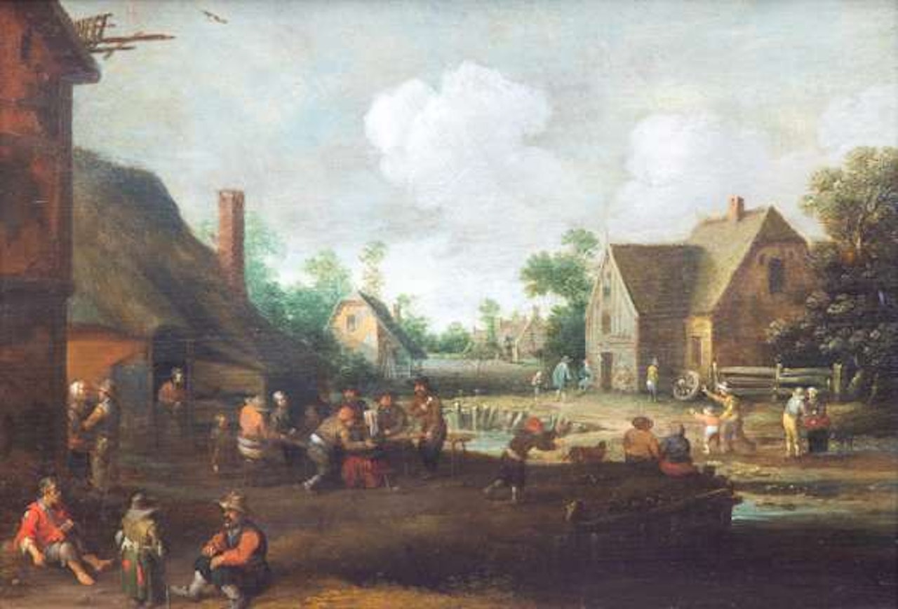 A village scene with drinking peasants outside the tavern by Joost Cornelisz Droochsloot