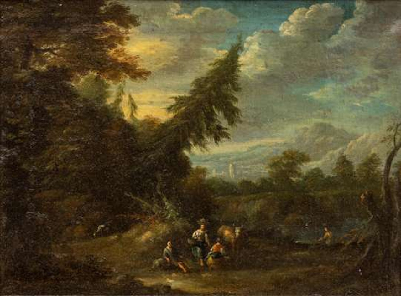 Shepherds and their cattle in a mountainous landscape by German School
