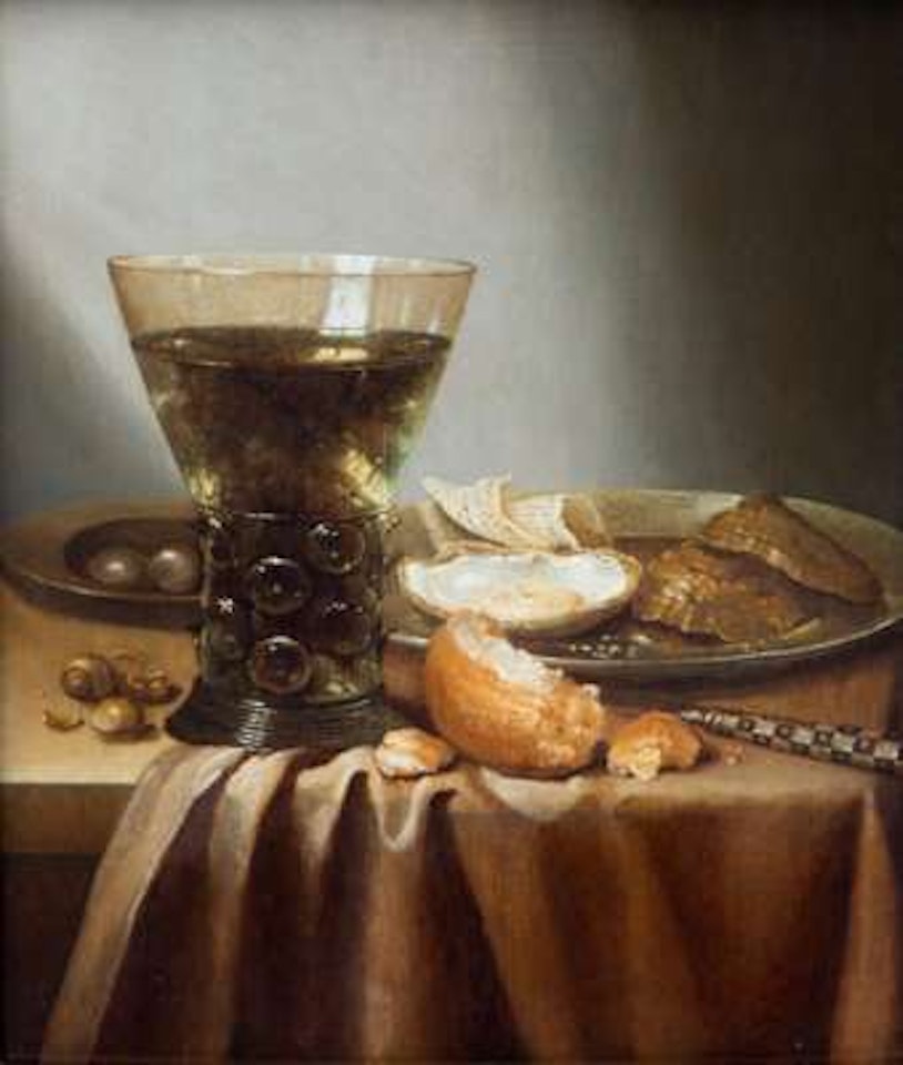 A still life with a "Berkemeyer" of white wine, oysters and a loaf of bread by Adriaen Jansz. Kraen
