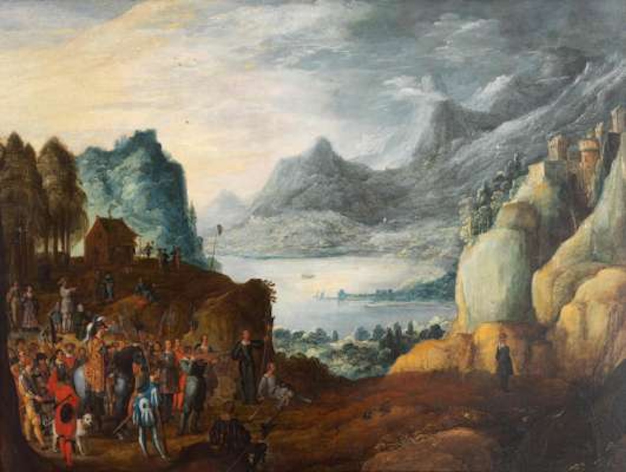 A mountainous landscape with the legend of William Tell shooting an arrow through an apple placed on the head of his son by Joos de Momper the Younger