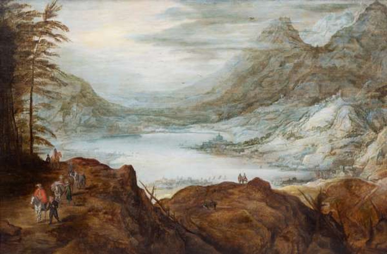 An extensive mountainous landscape with travellers on a rocky path and a lake in the valley by Joos de Momper the Younger