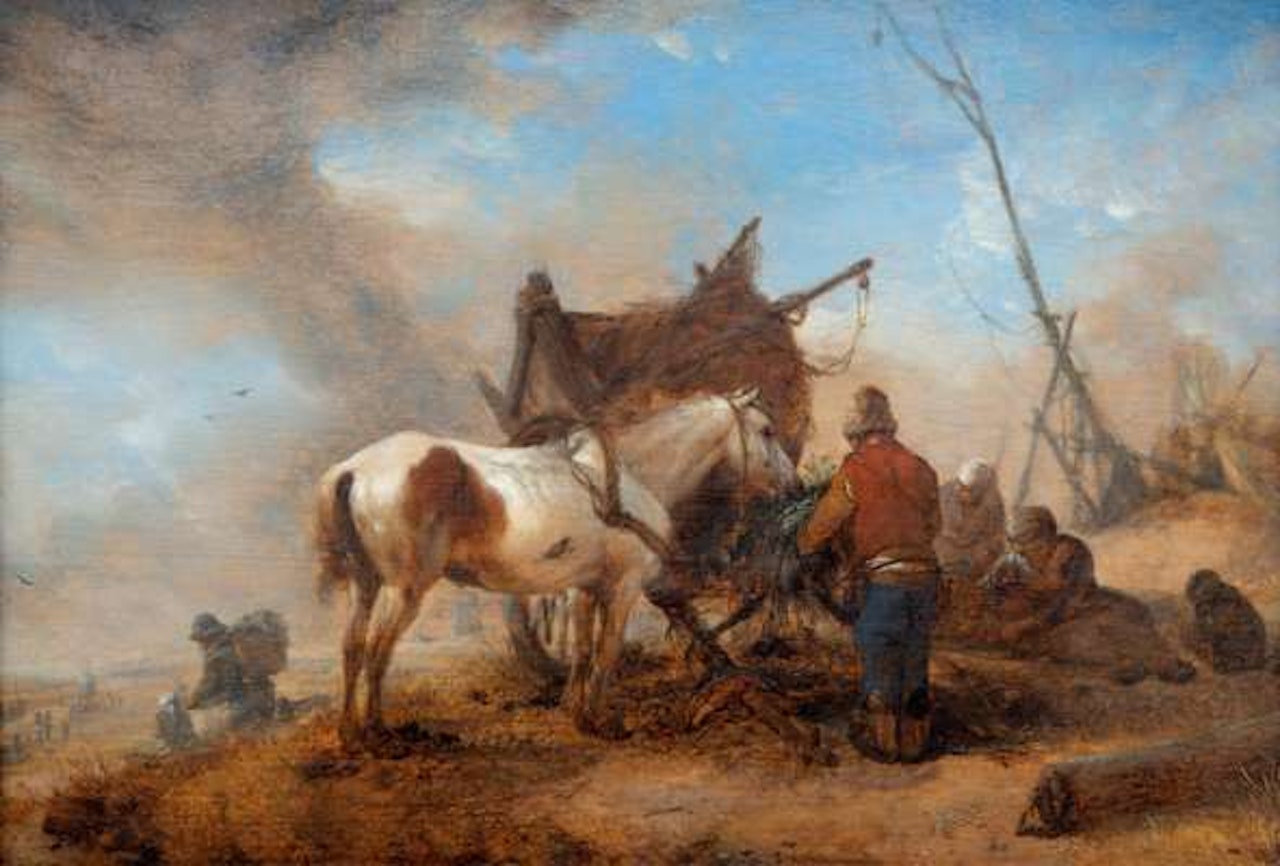 A peasant tending to a horse in the dunes by Philips Wouwerman