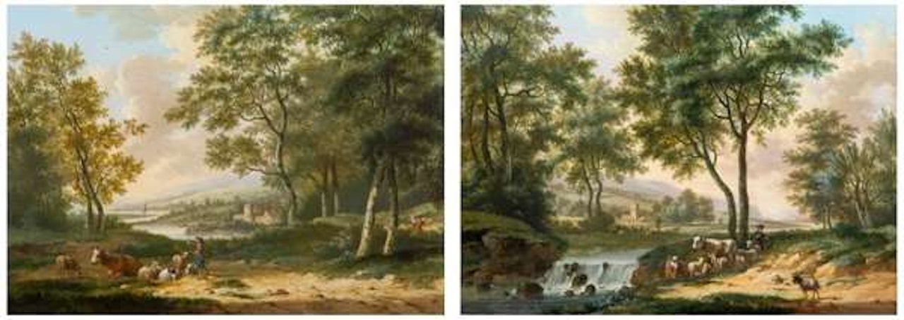 A herdsman with cattle near a waterfall, A river landscape with a young herdsman by Dutch School