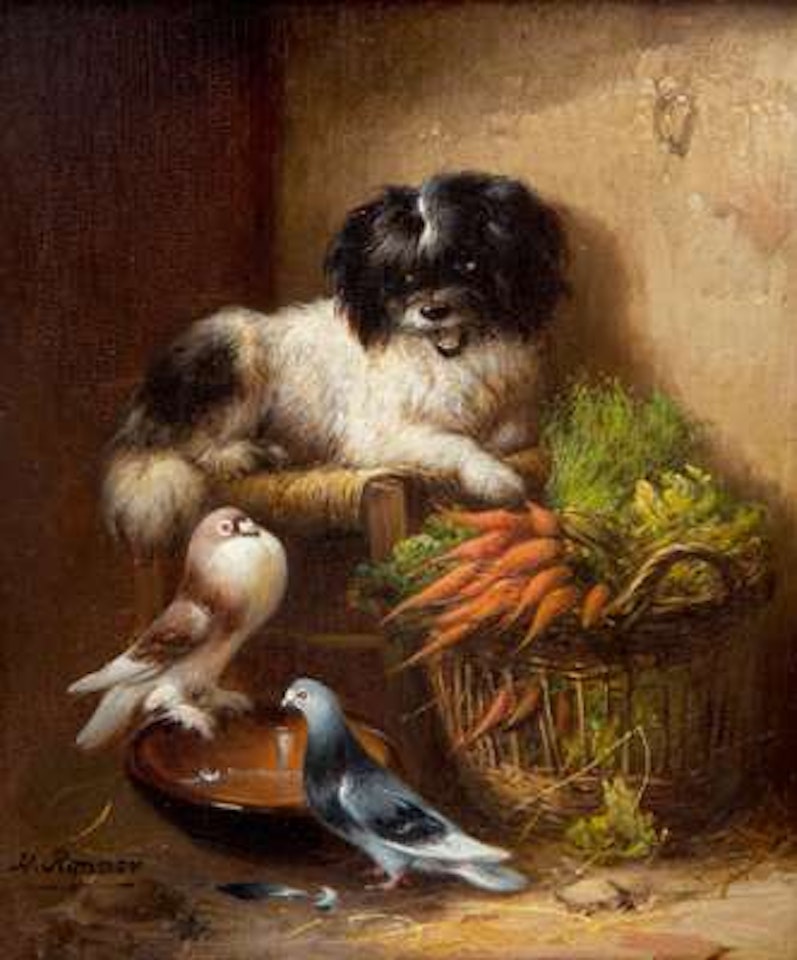 A dog and two pigeons near the vegetable basket by Henriette Ronner-Knip