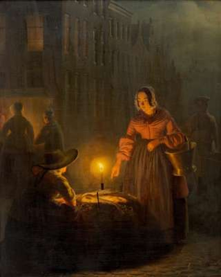 Selling fish at a candlelit market by Petrus van Schendel