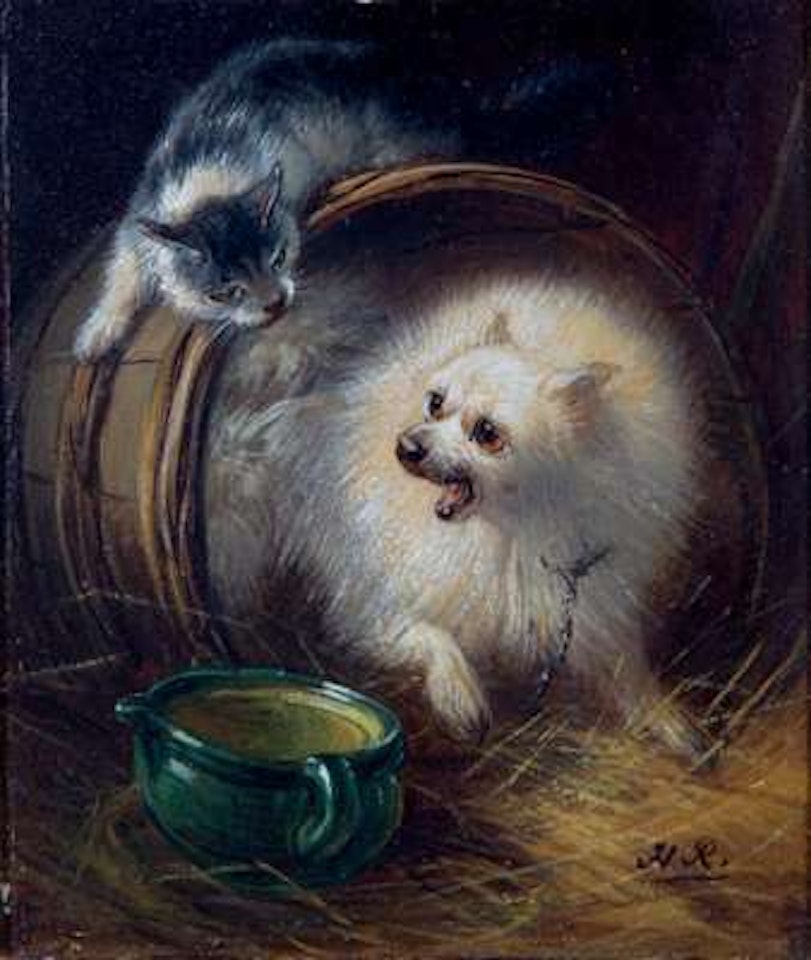 "Chien et chat" / A dog in a barrel barking at a cat by Henriette Ronner-Knip