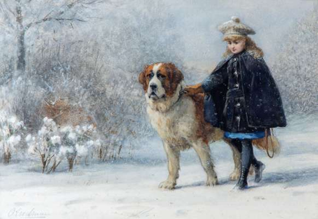A snowy winter"s day with a young girl and a Saint Bernard dog by Otto Eerelman