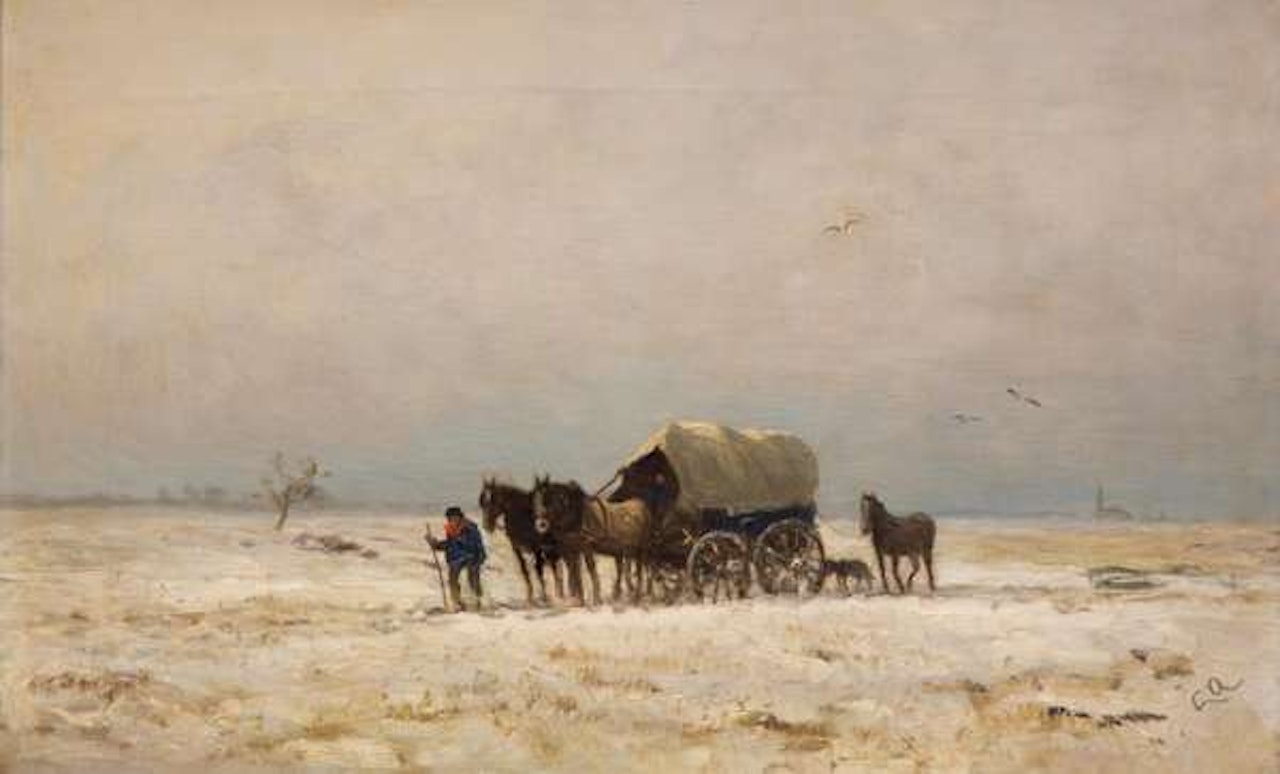 A snow landscape with figures, horses and carriage by Dutch School