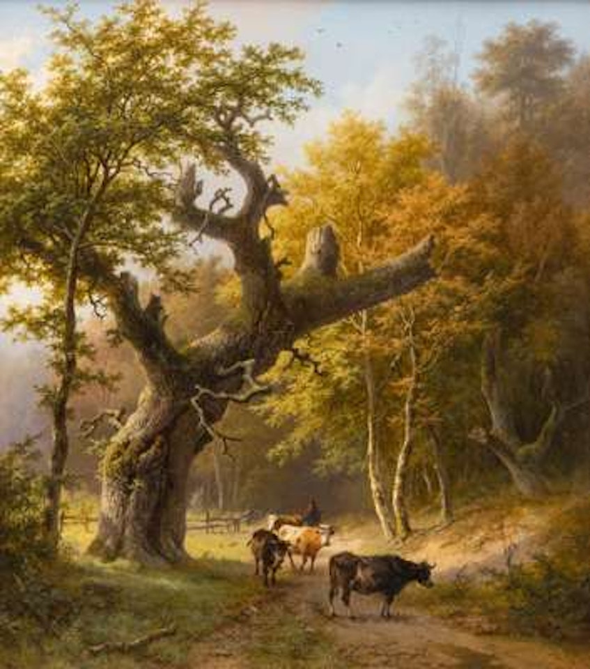 A herdsman with his cows near an old oak tree by Barend Cornelis Koekkoek