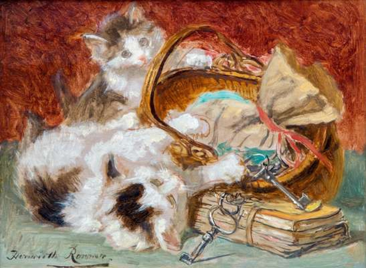 Two kittens playing with a basket and keys by Henriette Ronner-Knip