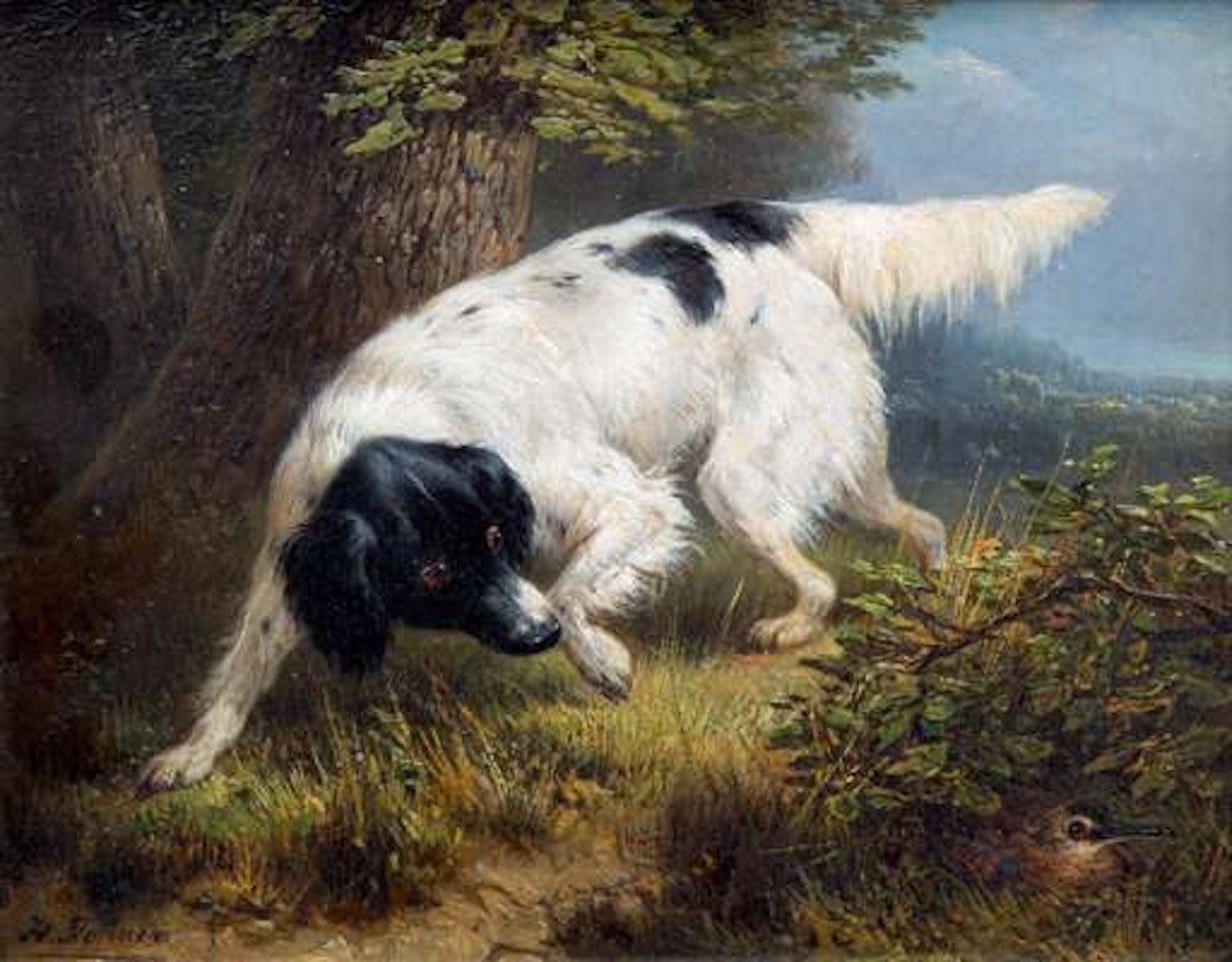 A stabyhoun spotting a woodcock by Henriette Ronner-Knip