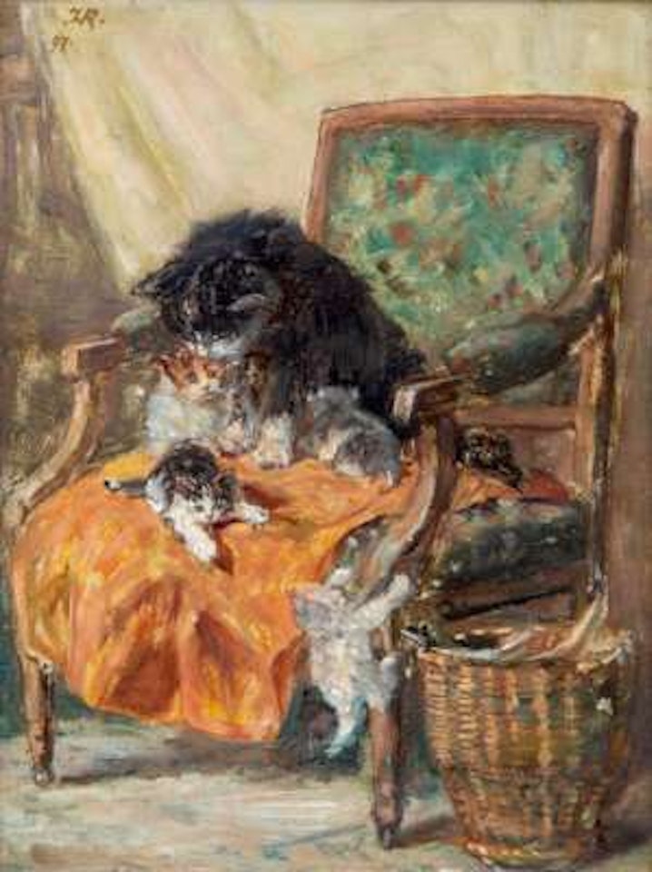 A mother cat with kittens playing on an armchair by Henriette Ronner-Knip
