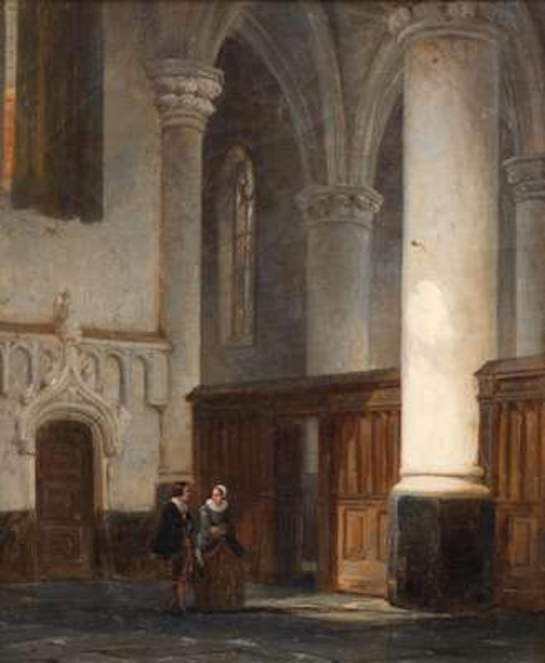 A church interior with a lady and a gentleman by Cornelis Springer