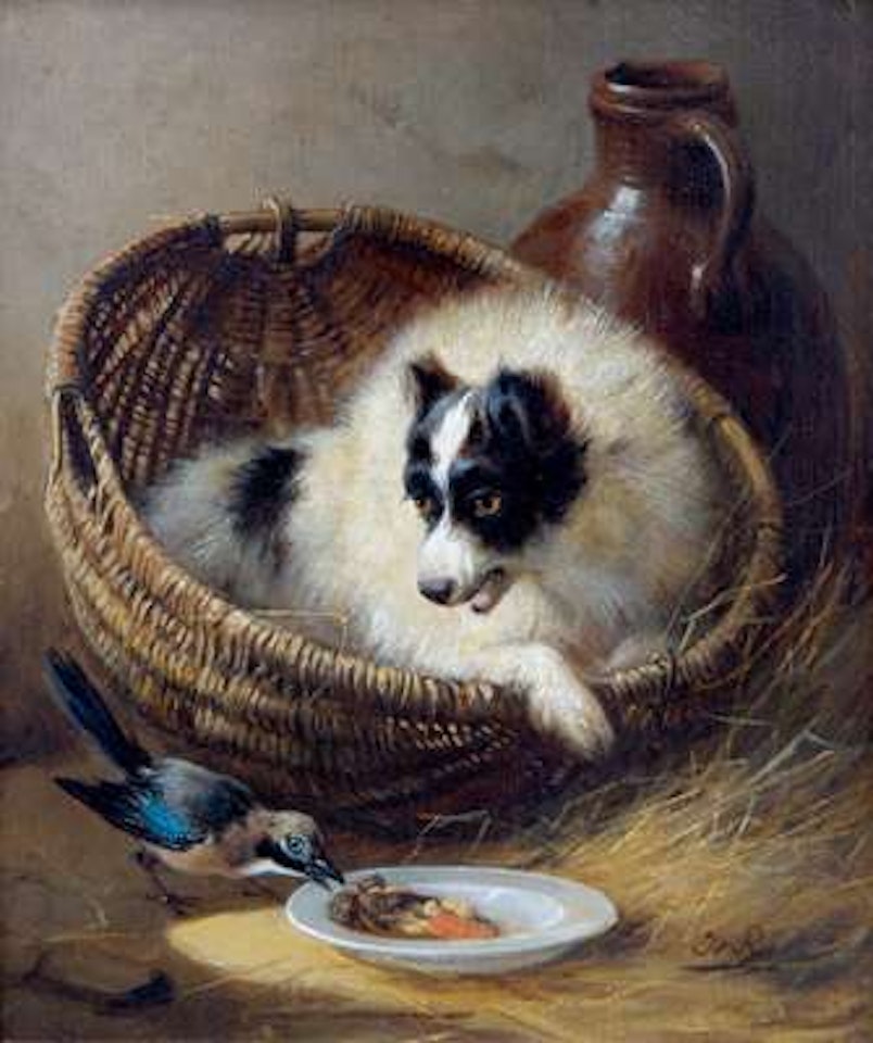 A terrier in a basket barking at a jay stealing his food by Henriette Ronner-Knip
