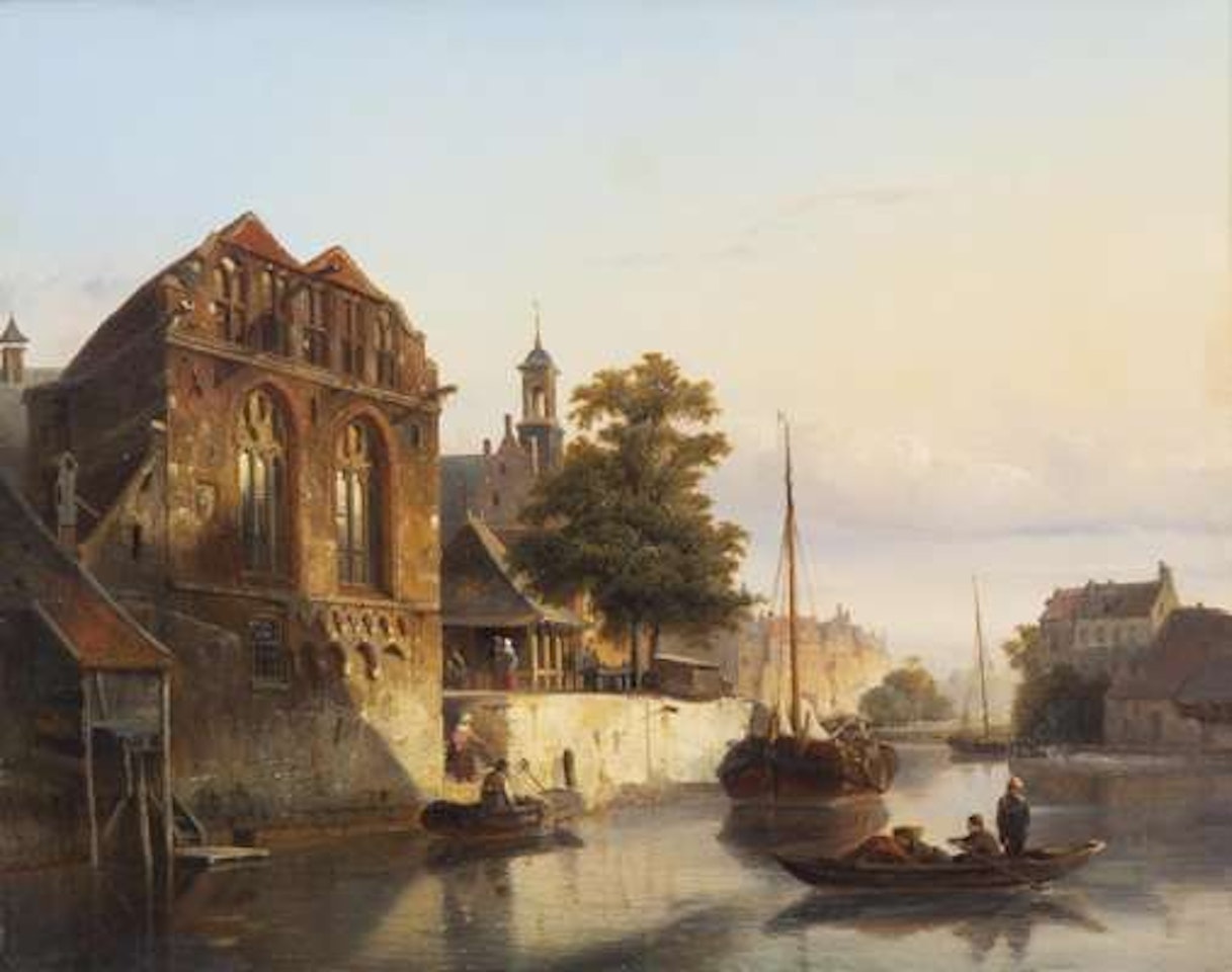 A capriccio of a Dutch town with the facade of the Heilige Geest Gasthuis of Zwolle along a canal by Cornelis Springer