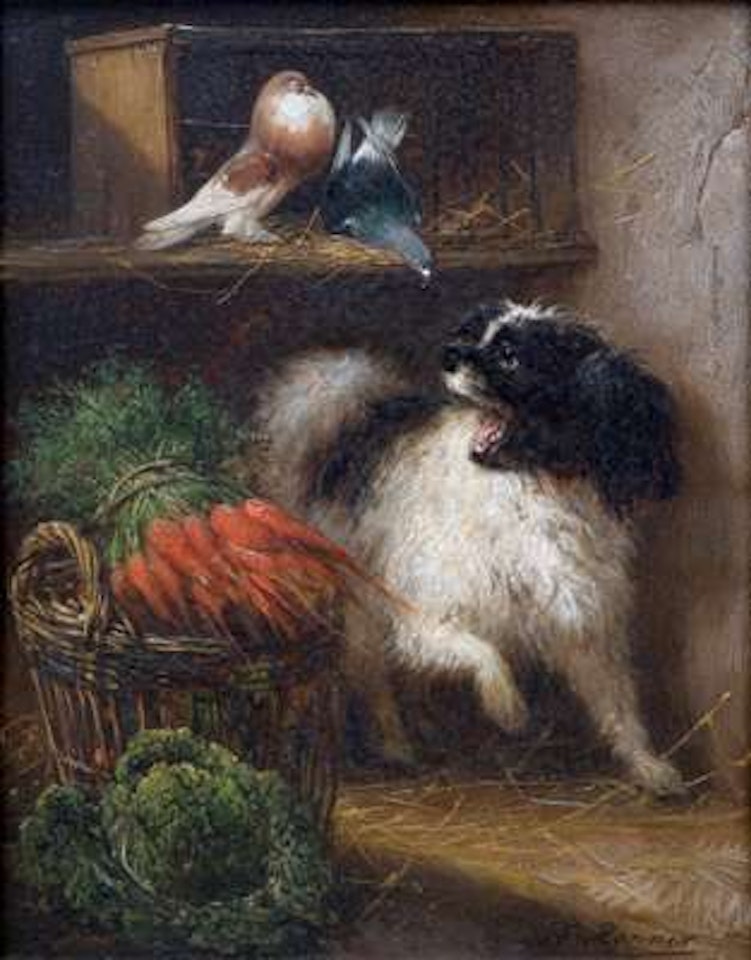 A dog barking at two pigeons by Henriette Ronner-Knip