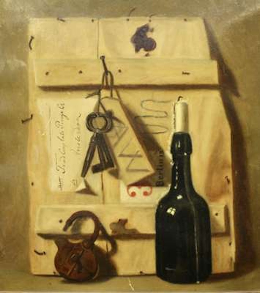 Trompe-l"œil with padlock, candle and keys by Dutch School