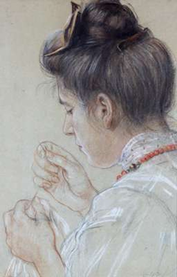 A portrait of the artist"s sister Anna Maria sewing by Leo Gestel