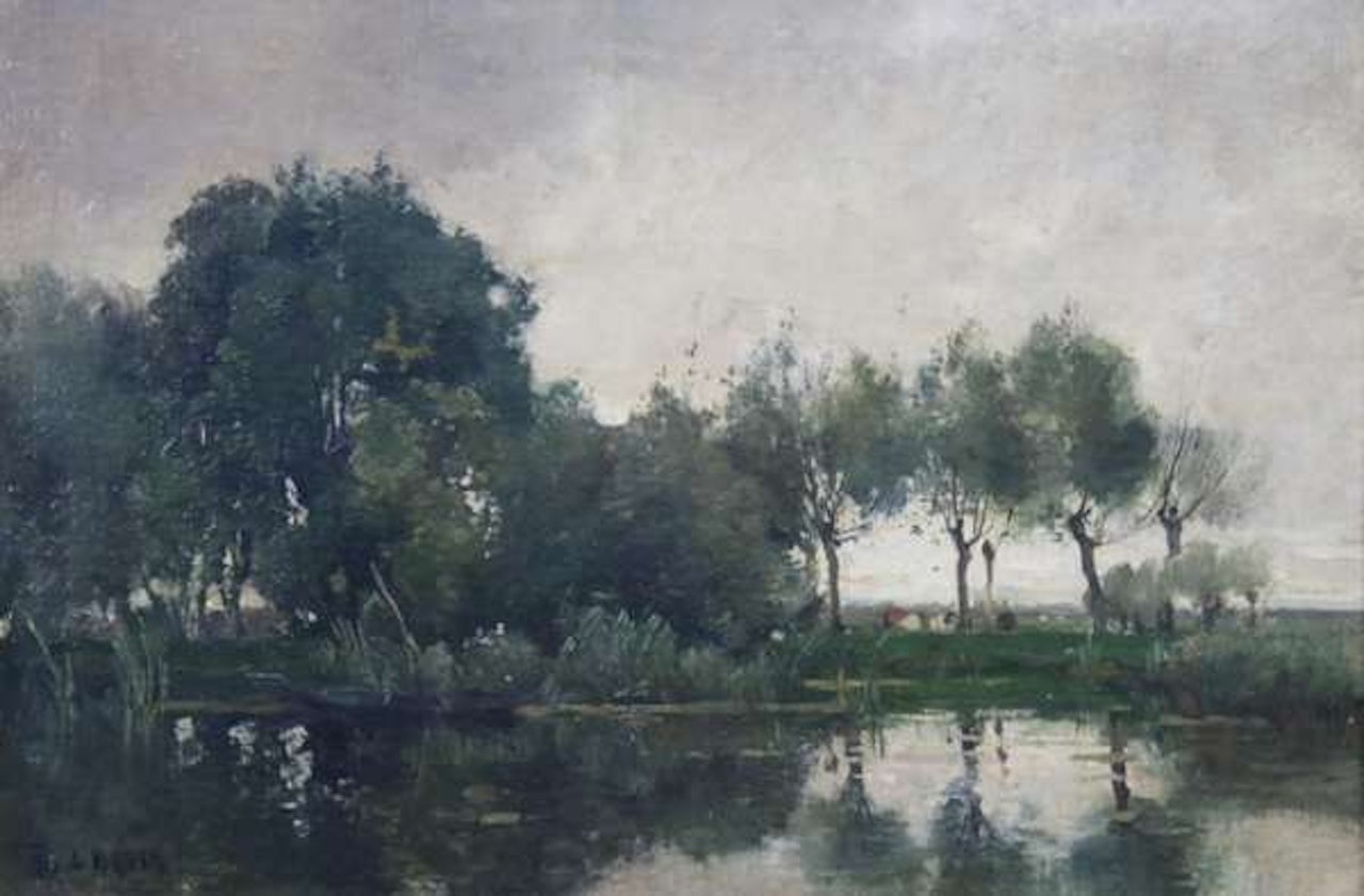 Cows near trees at the water"s edge by Dutch School