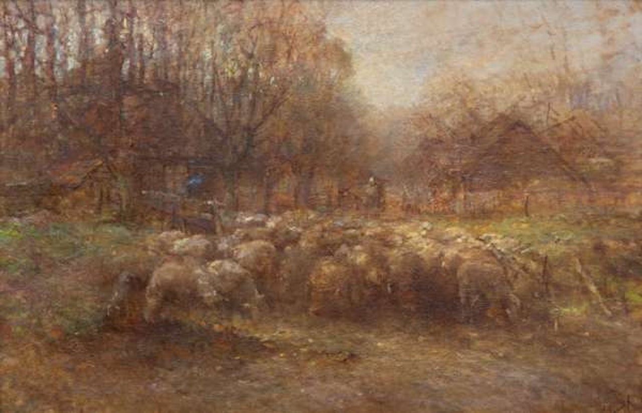 A flock of sheep at the stable by Dutch School