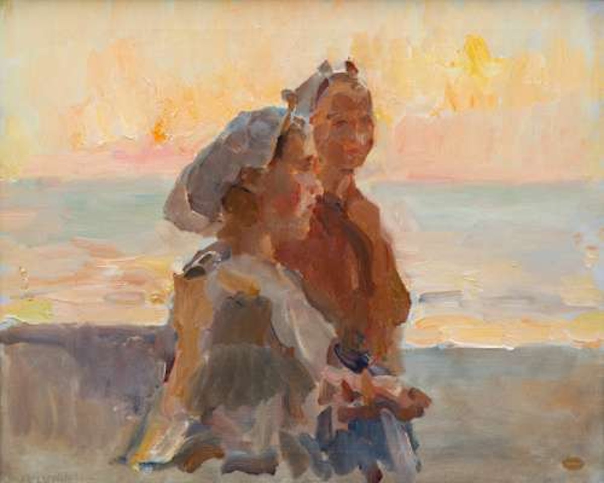 Two fisher women from Scheveningen on the beach by Isaac Israels