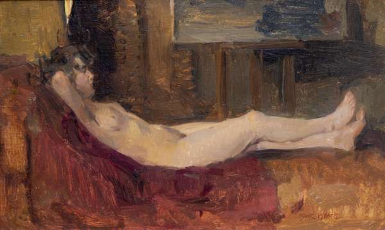 A reclining nude on the couch in the artist"s studio by Isaac Israels