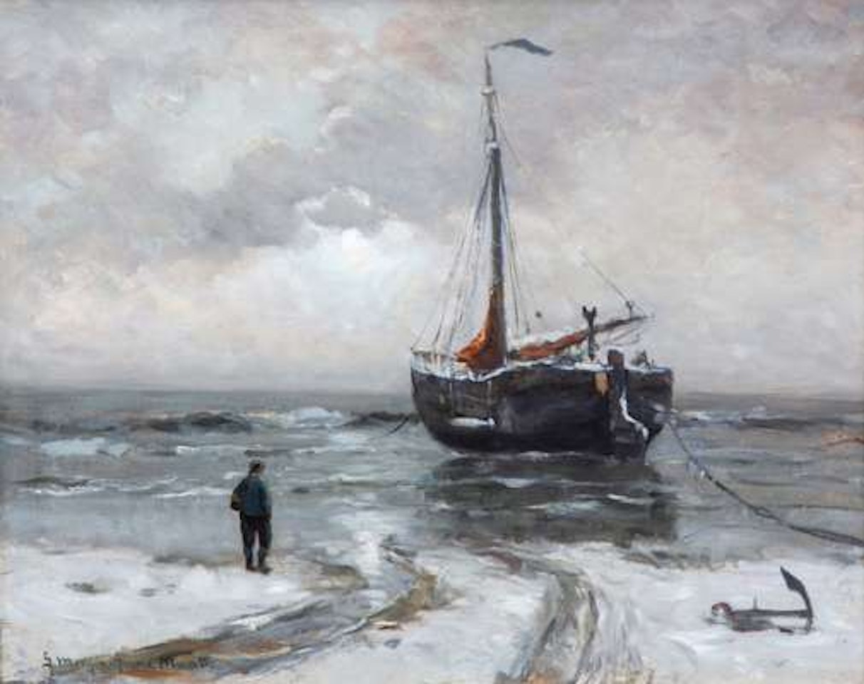 A snow-covered bomschuit at the beach by Gerhard Arij Ludwig Morgenstjerne Munthe
