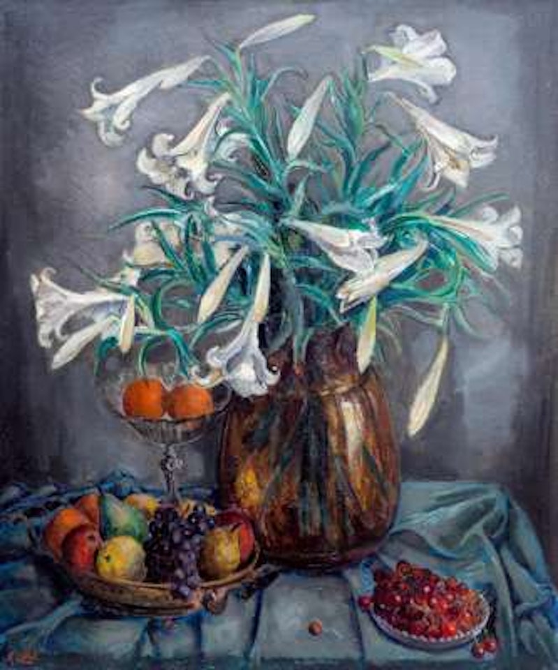 A still life with lilies in a vase and bowls with cherries, grapes, oranges and apples by Arnout Colnot