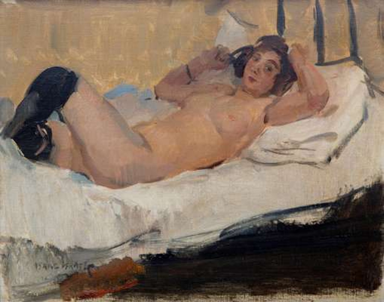 A sensual nude with black stockings by Isaac Israels