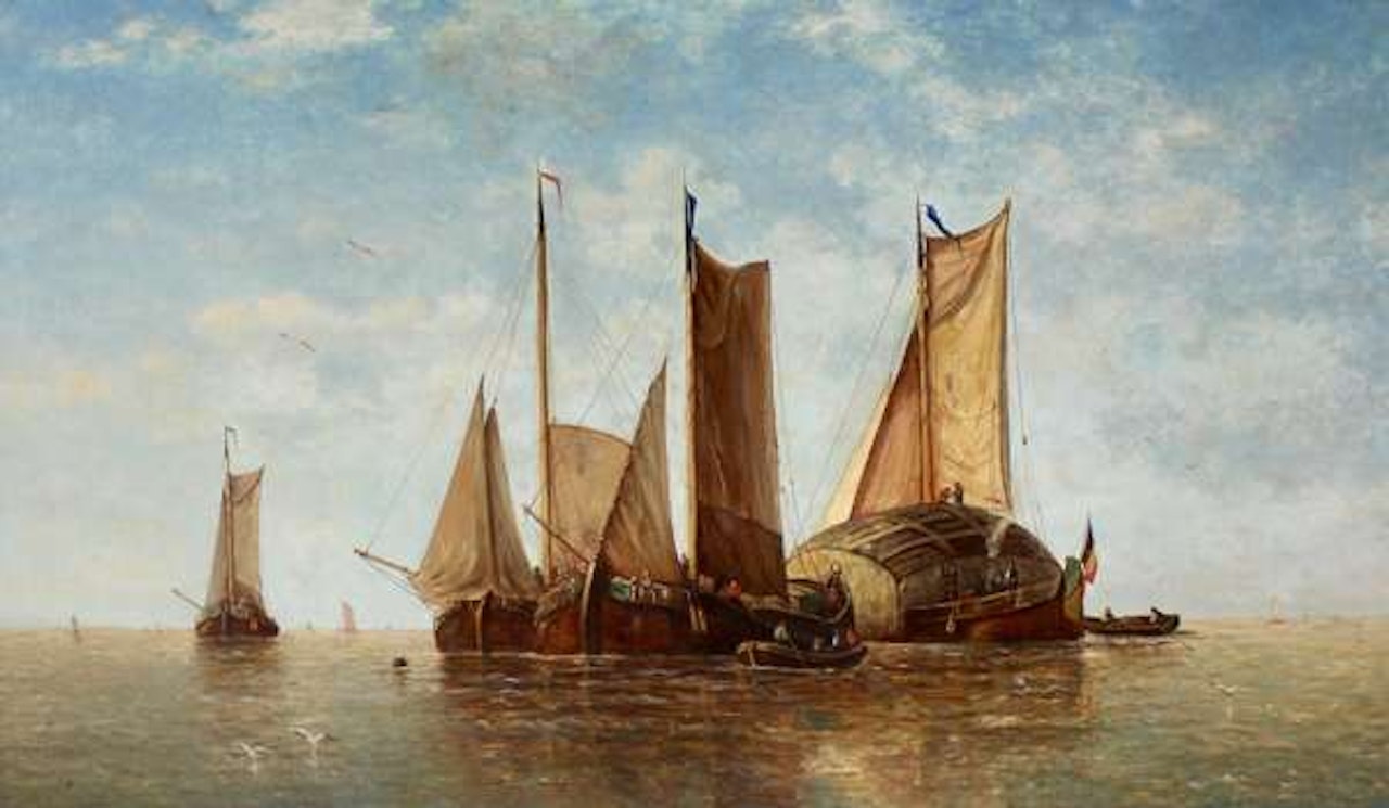 Hay barges on calm water by Dutch School