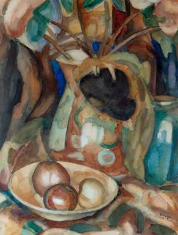 A still life with flowers in a vase and fruit in a bowl by Leo Gestel