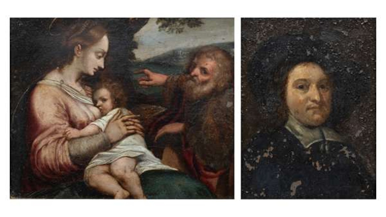 Maria lactans with Joseph in a landscape; Portrait of a nobleman by Dutch School