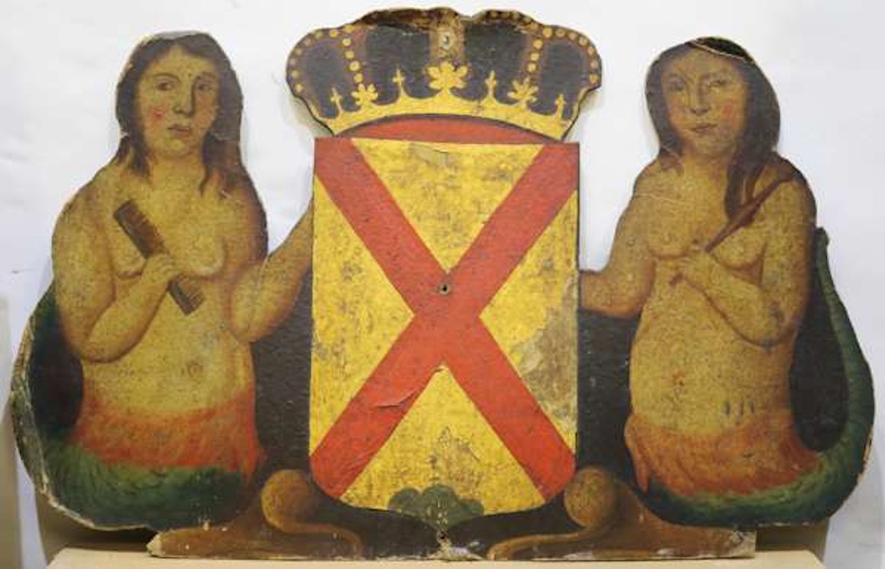 Two mermaids with the Steenbergen coat of arms with the Andreas cross by Dutch School