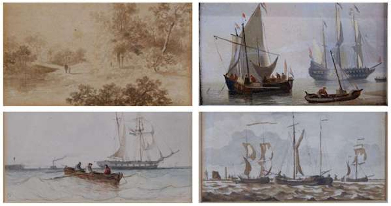 3x Navy; Romantic landscape with figures on the water by Dutch School