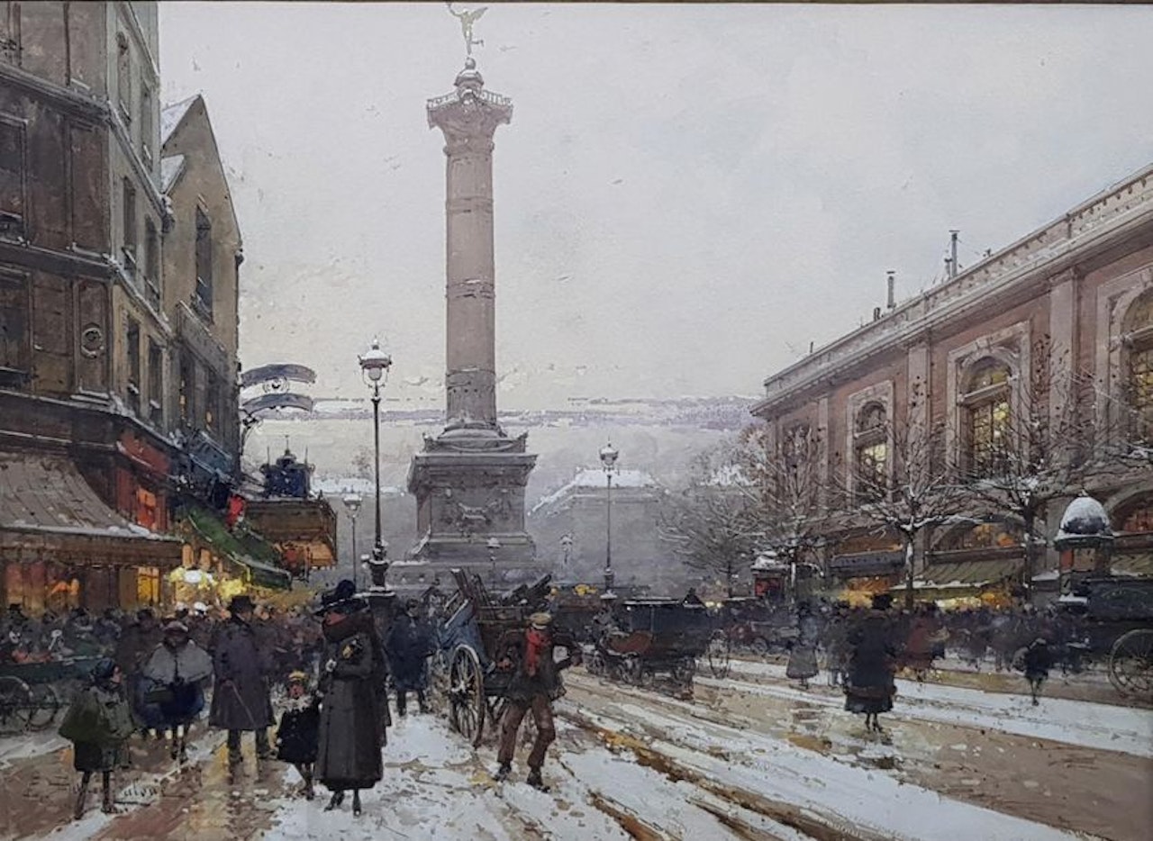 View of the Bastille and the old Gare de Lyon on a snowy day by Eugene Galien-Laloue