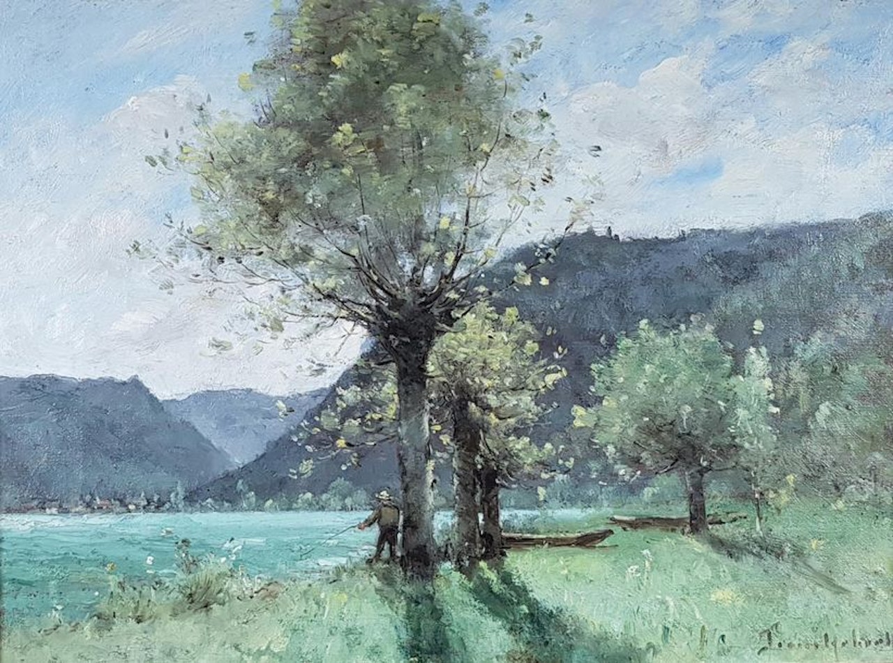 Fisherman and boats near the river. by Paul Désiré Trouillebert