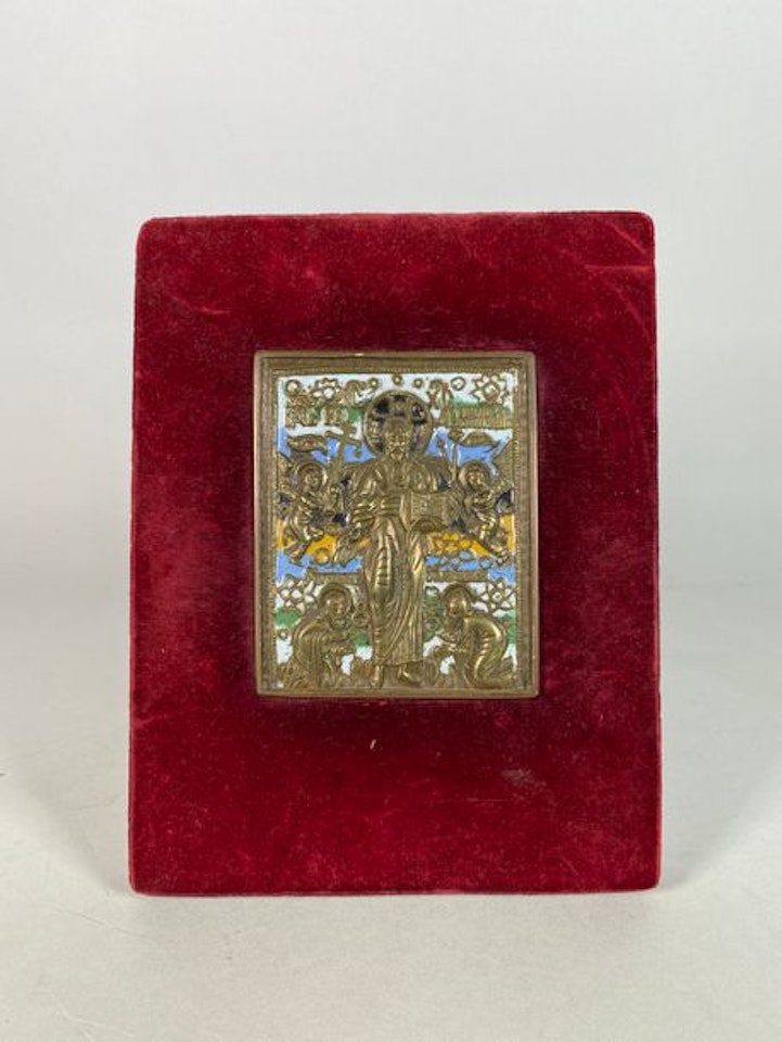 Icon of Christ Pantocrator with kneeling Saint Sergius of Radonezh on the left and Saint Varlaam of Khoutyne on the right by Russian School