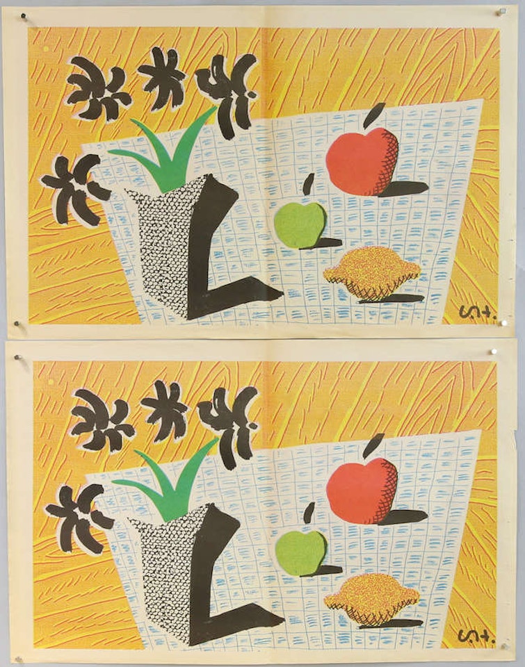 2 copies of the print "Two Apples, One Lemon and Four Flowers" by David Hockney