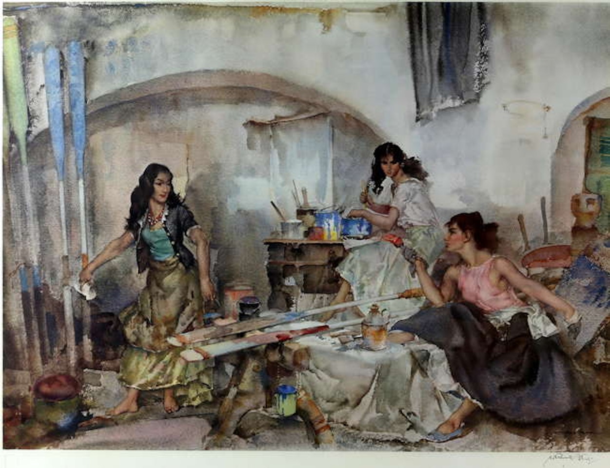 "Painting paddles in a court yard" by William Russell Flint