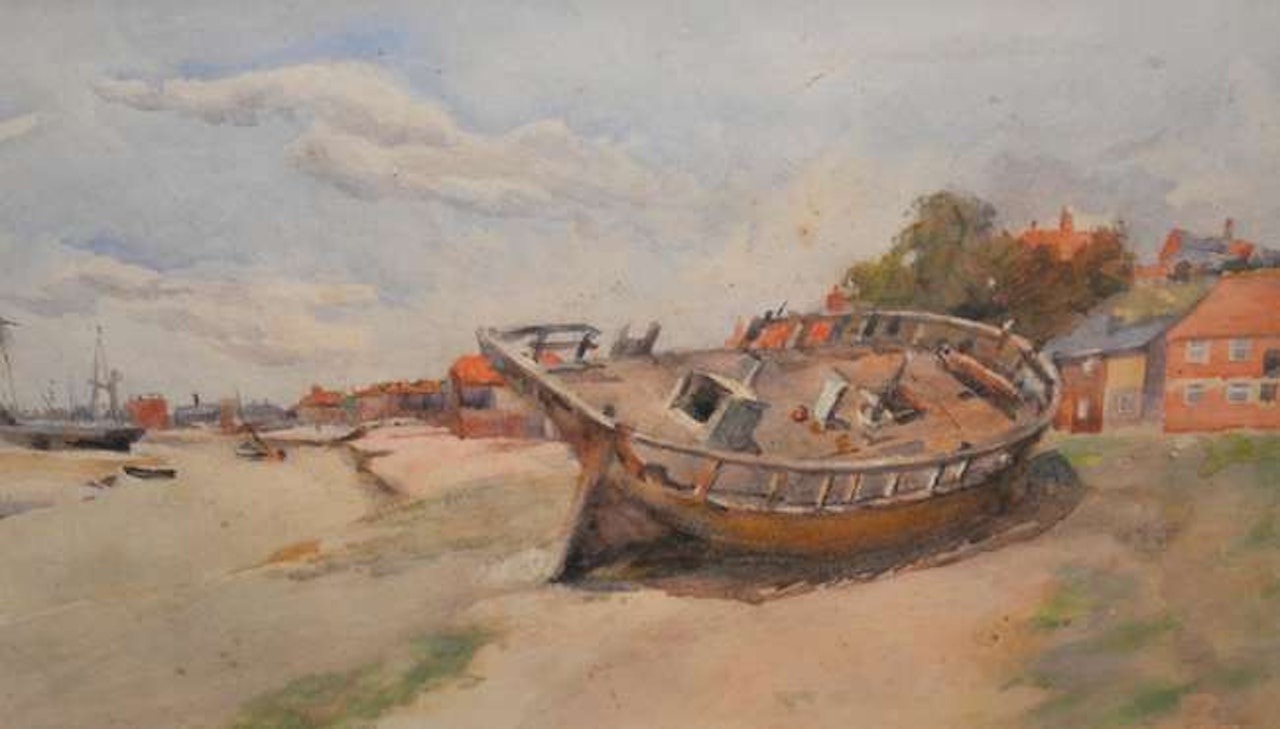 moored wreck; a interior scene by English School