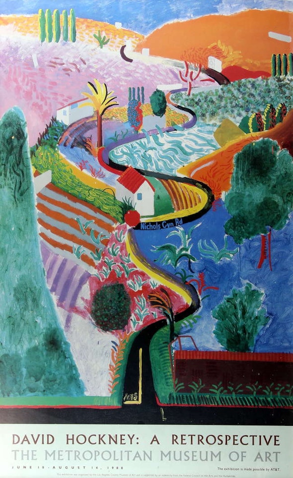 Exhibition poster for "David Hockney: A Retrospective, Metropolitan Museum of New York, June 18 - August 14, 1988" by David Hockney