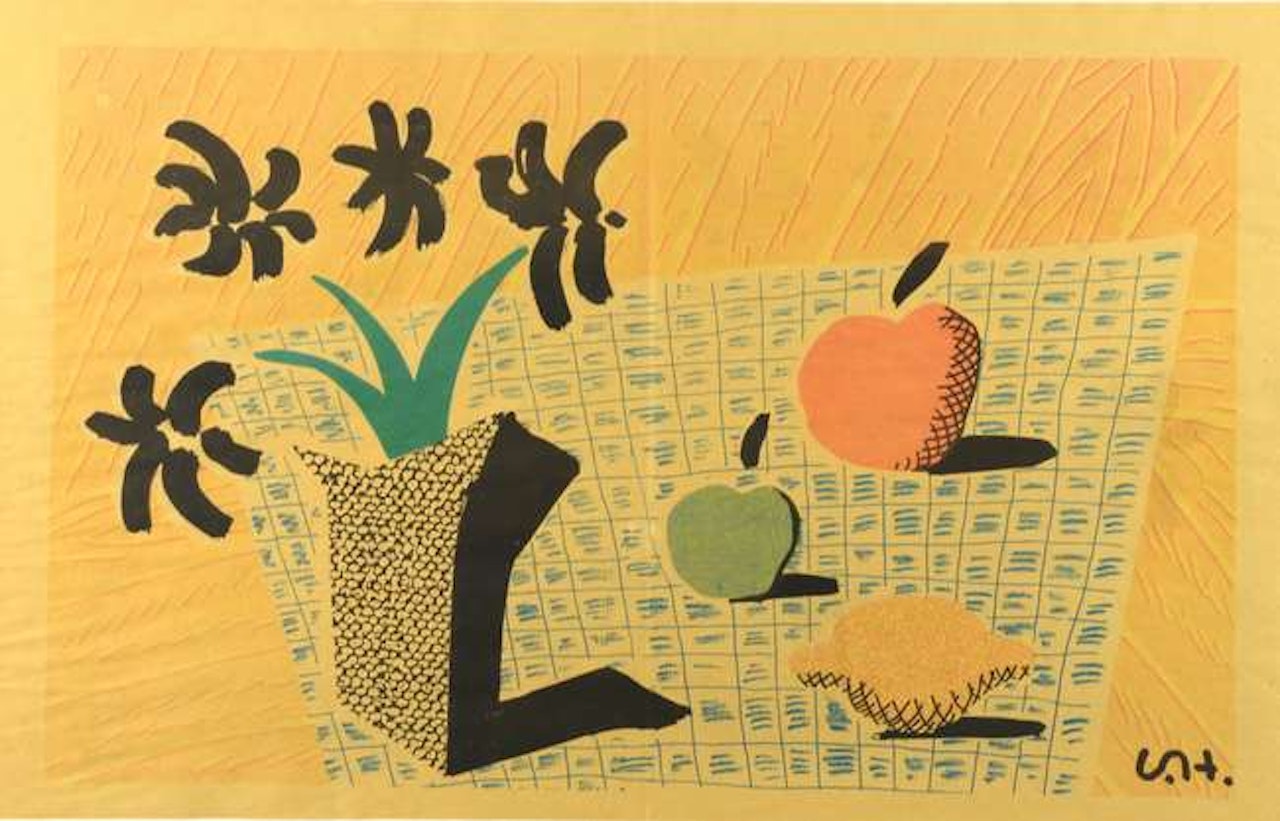 "Two Apples, One Lemon & Four flowers" original newspaper page by David Hockney